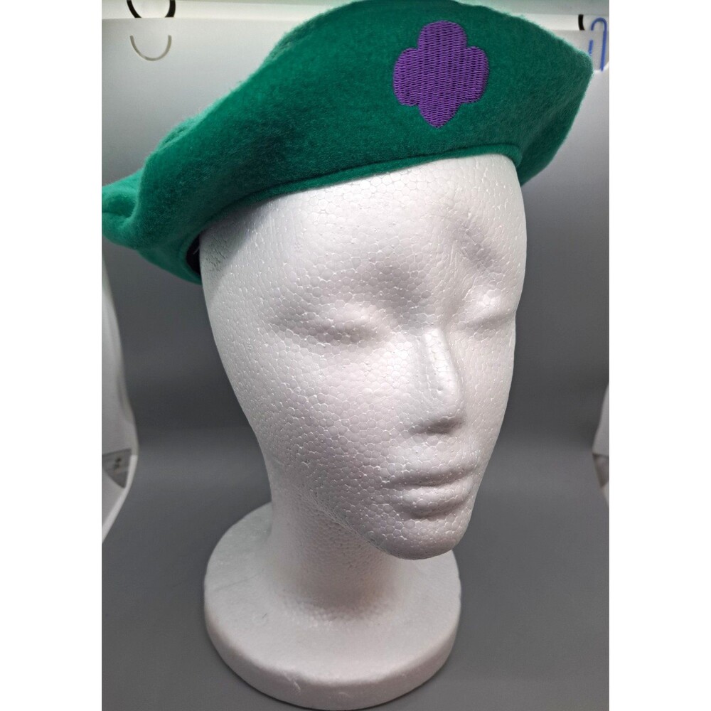 Official Girl Scouts Junior Beret Hat Green Felt Purple Trefoil